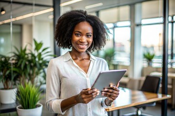 portrait of a young african woman working on a digital tablet in an office