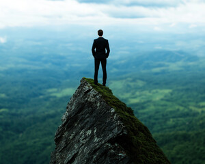 A businessman stands confidently on a rocky peak, overlooking a vast, breathtaking landscape, symbolizing ambition, exploration, and the pursuit of success amidst the challenges of the world.