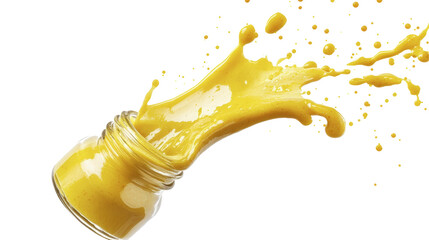 A glass jar of yellow paint tipped over, splashing its contents energetically against a white background.