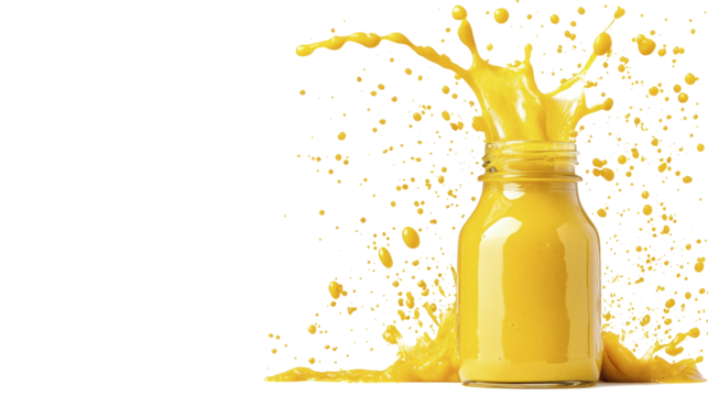 A mason jar partially filled with vibrant yellow liquid, splashing out energetically, against a white background. A dynamic and eye-catching visual.