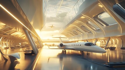 28082302 39 Bright futuristic airport terminal with sleek minimalist architecture and spacecraft preparing for takeoff Cool tones and detailed 3D-rendered architecture
