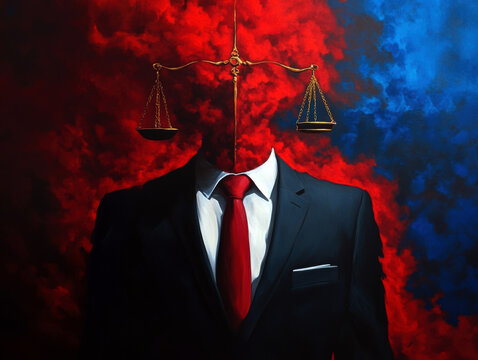 An evocative portrayal of justice, featuring a faceless figure in a suit, with scales of justice above, symbolizing the complexities of fairness and moral dilemmas in society.