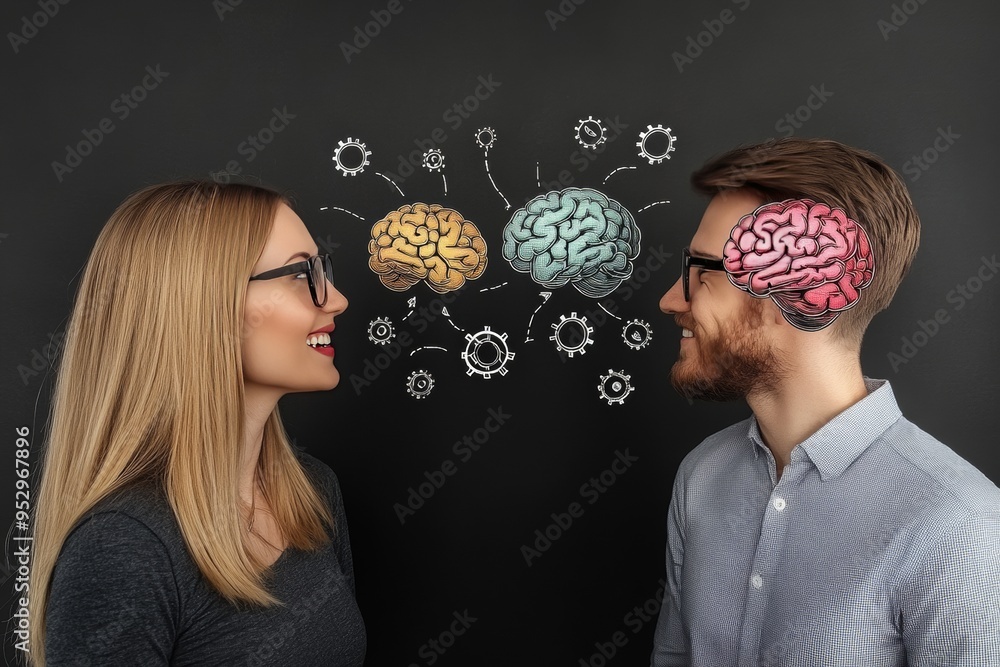 Poster man and woman facing each other with brain illustrations symbolizing cognitive debate intellectual c