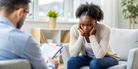 Fototapeta premium young african american woman smiling confident listening to psychologist at office