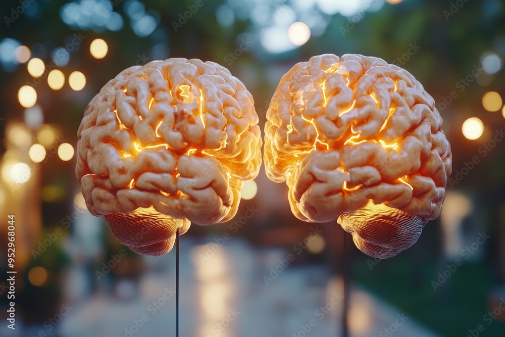 Poster artistic display of two brains with glowing patterns symbolizing cognitive power emotional connectio