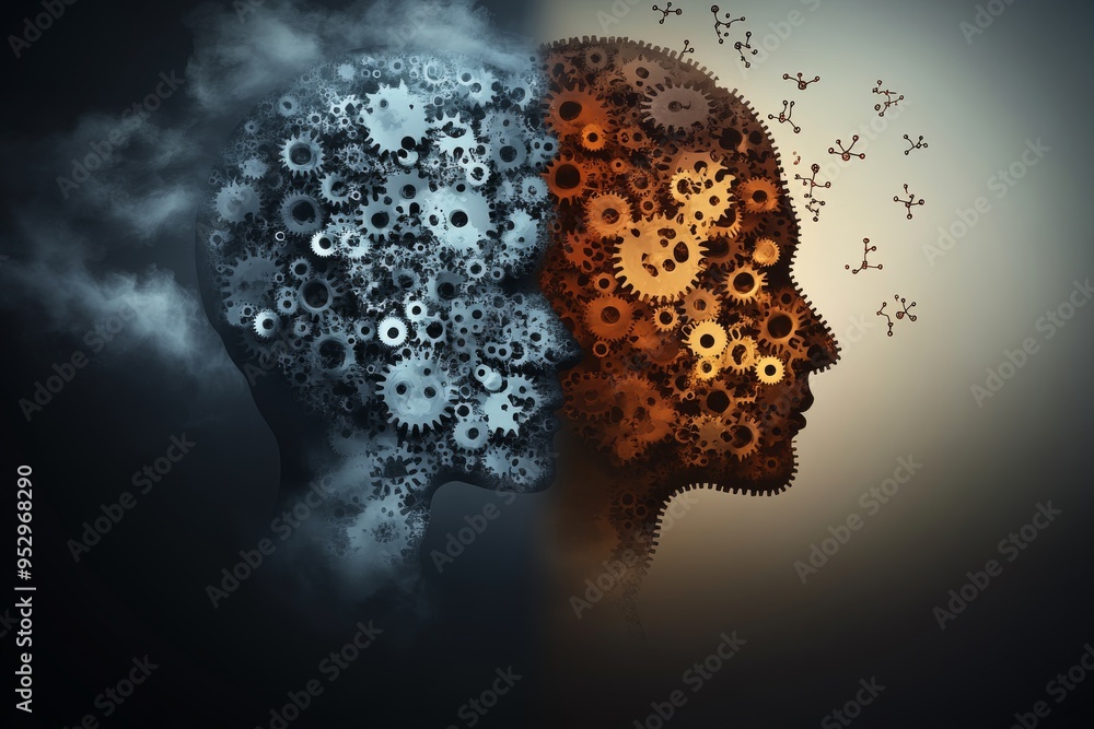 Poster abstract female profile with half mechanical and half organic brain symbolizing cognitive synergy te