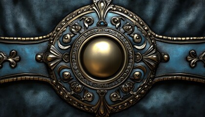 Obraz premium Ornate Gold and Blue Metal Emblem with a Circular Centerpiece