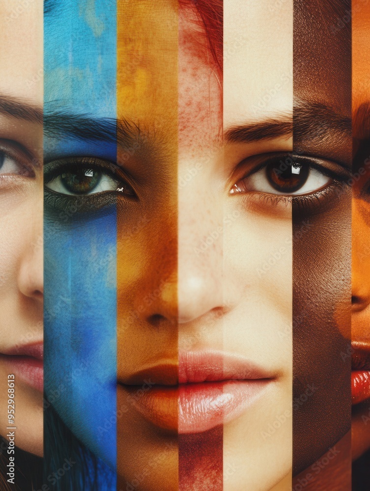 Poster faces of diverse individuals are juxtaposed by a dividing line, illustrating themes of bias and soci