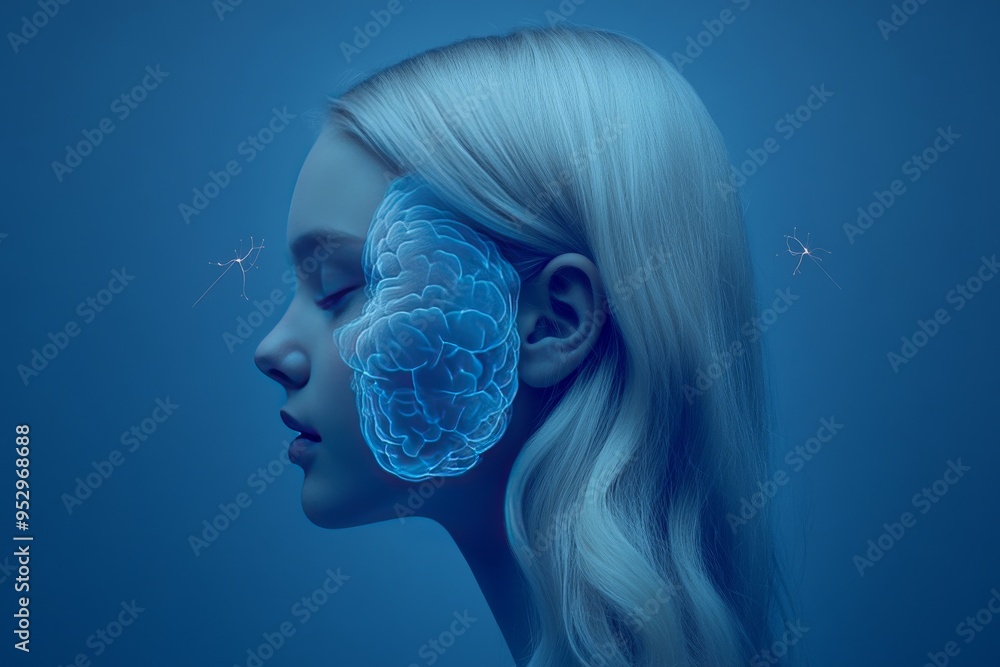 Poster abstract female profile with digital neural network symbolizing cognitive insight technological adva
