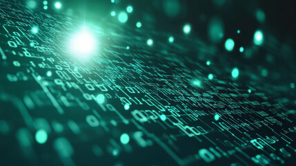 A futuristic digital landscape of green binary code and glowing particles, representing data flow and technology in a high-tech, abstract environment.