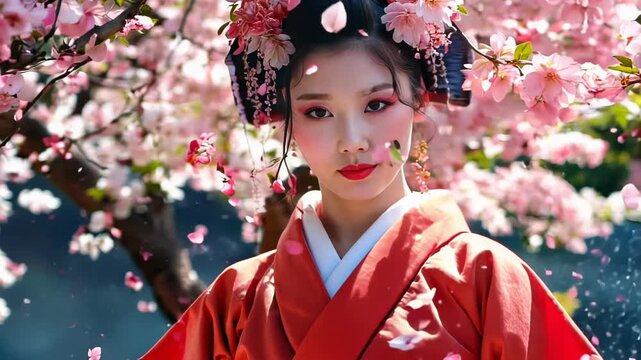 Woman in vibrant red kimono stands among blooming cherry trees. Delicate pink petals frame her serene face adorned with traditional makeup and hairstyle. 