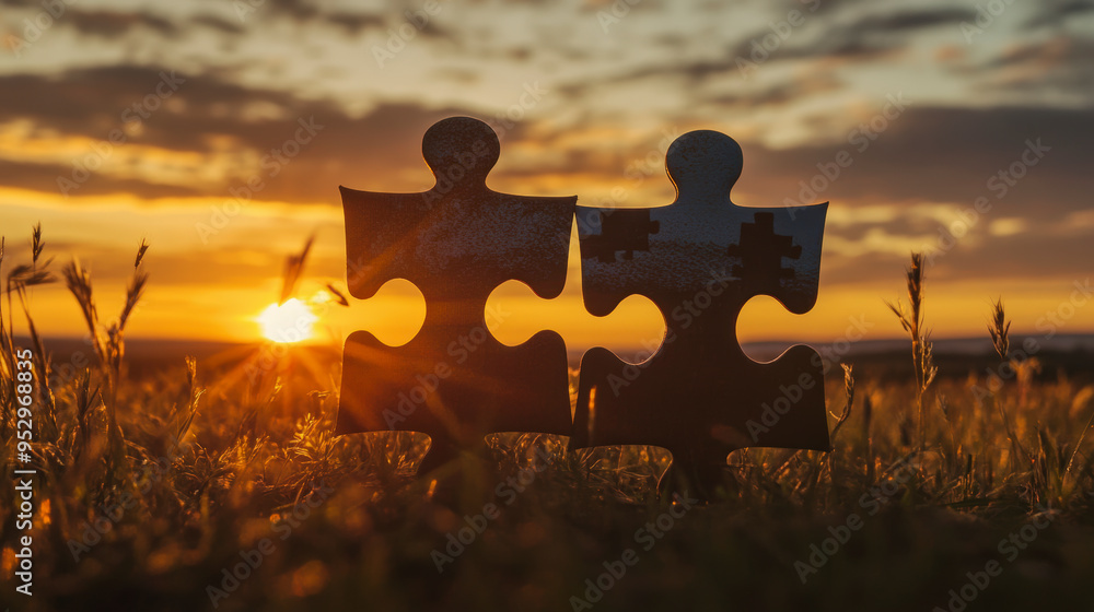 Poster two puzzle pieces stand together in a field at sunset, symbolizing connection and unity against a be