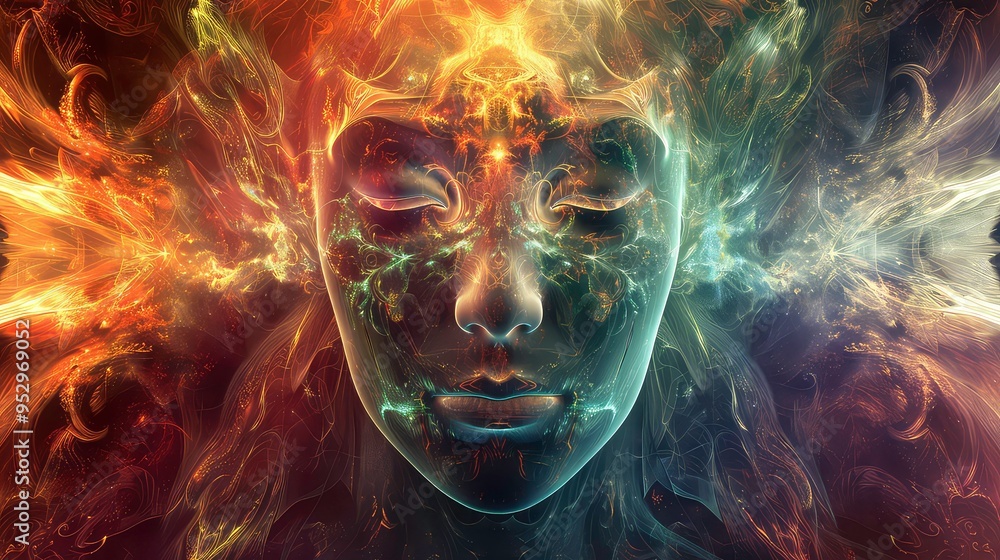 Poster abstract digital art of a face surrounded by gold and green glowing lines and particles.