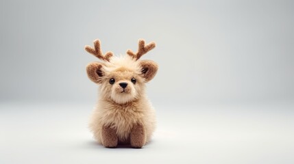 Obraz premium Cute fluffy vintage toy with a red bow on white background. Christmas gift for kids