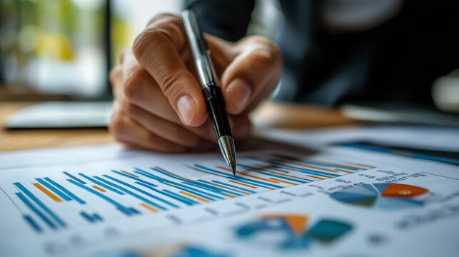 A hand holding a pen reviews graphs and charts on paper, indicating data analysis or business report evaluation.