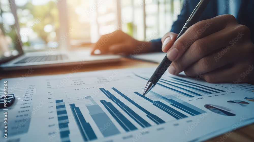 Poster a person analyzing bar graphs and data charts in a business report, with a laptop in the background,