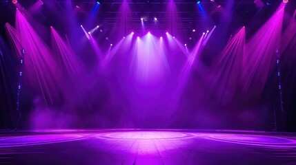 Purple stage lights with spotlights casting beams of light on a dark empty stage.