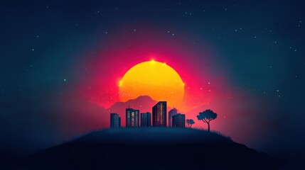 Obraz premium Digital Future: Illustration of a Futuristic Smart City with Interconnected Networks in Flat Design