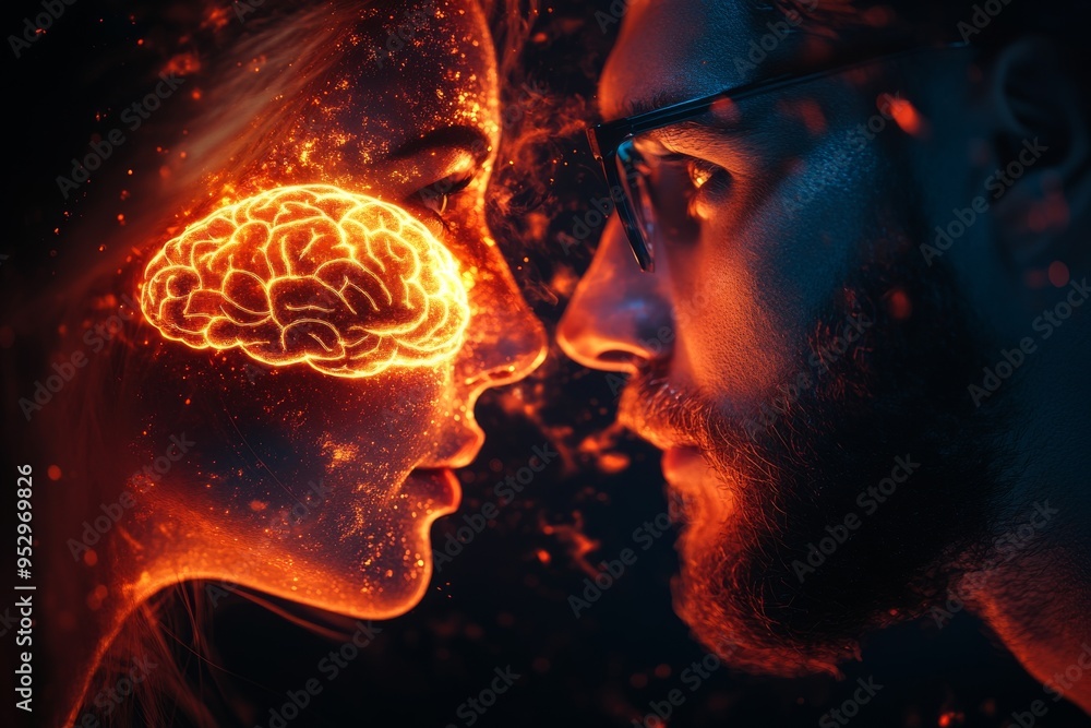 Poster close up of a couple with red glowing brain patterns symbolizing emotional bonding cognitive synchro
