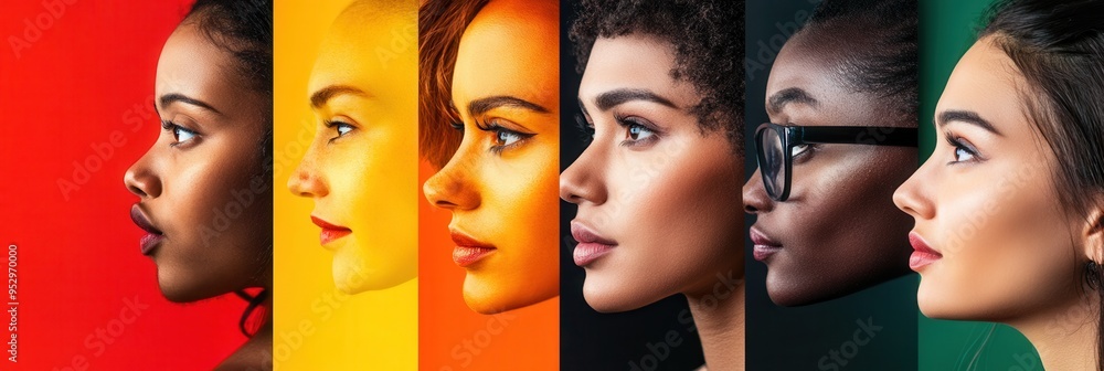 Aufkleber A striking display of diverse faces, separated by a line that symbolizes division and highlights differences and biases among people. Generative AI