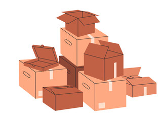 Cartoon cardboard boxes. Stacked cargo boxes pile, warehouse box stack flat vector illustration. Delivery or moving containers on white