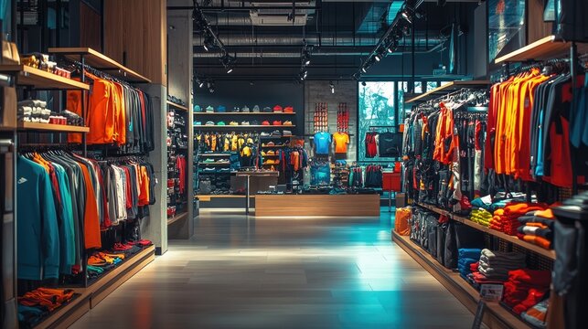 A vibrant retail space showcasing colorful athletic apparel and accessories.