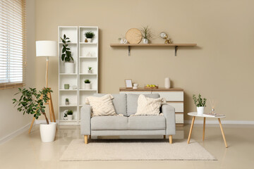 Interior of modern stylish living room with grey sofa and shelving unit
