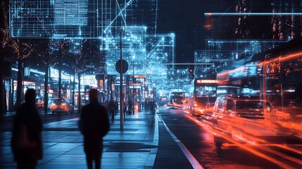 Cityscape with Blurry Lights and Digital Grid Overlay