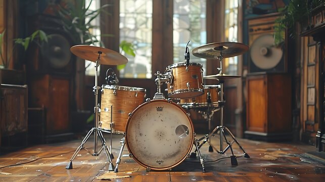 A vintage drum set in a well-lit room with wooden floors, featuring a bass drum, snare drum, toms, and cymbals.