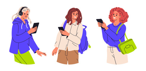 Women with smartphones. Female characters texting, watching video or surfing internet on gadgets flat vector illustration. Girls using phones on white