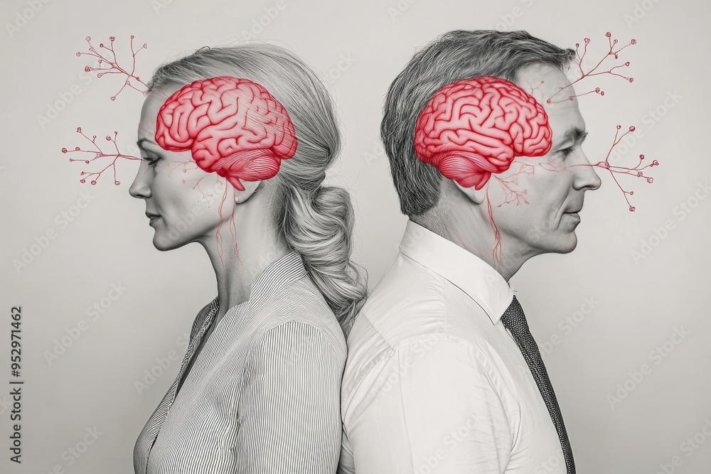 Poster dual profiles with red and blue brain patterns symbolizing cognitive duality emotional conflict and 