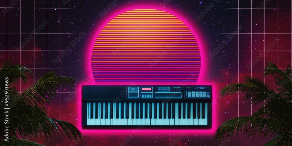 Poster retro synth keyboard with neon sun and palm trees