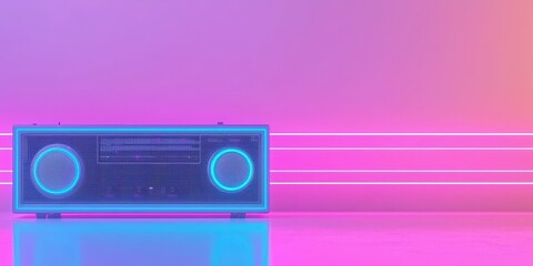Fototapeta premium Retro Radio with Neon Lights in Pink and Blue Gradient Background