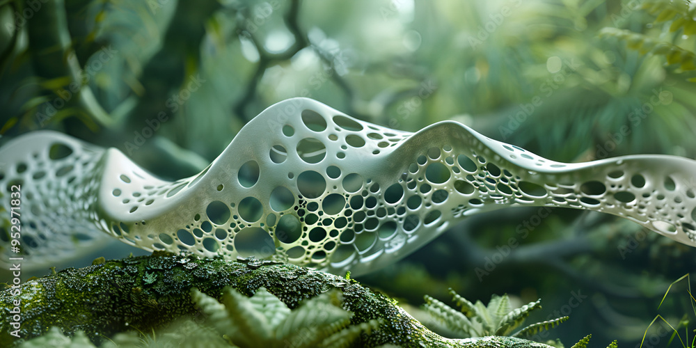 Fototapete futuristic bio-inspired structure in nature, digital rendering of organic architecture, abstract rep