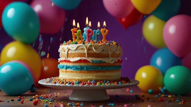 A vibrant birthday cake with multicolored frosting and sprinkles, set against a festive backdrop of balloons and streamers.