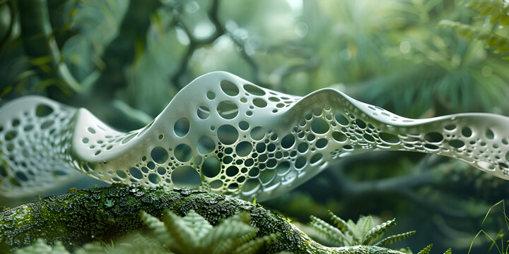 Futuristic bio-inspired structure in nature, Digital rendering of organic architecture, Abstract representation of biomimicry in biotechnology with bio-inspired materials and designs
