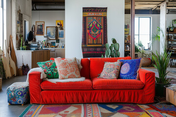 Style and Comfort: A Red Suede Loveseat in a Vibrant and Eclectic Studio