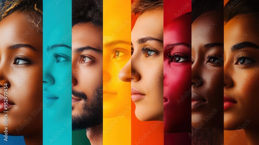 Poster brightly colored faces showcase diversity and the impact of division, emphasizing the differences th