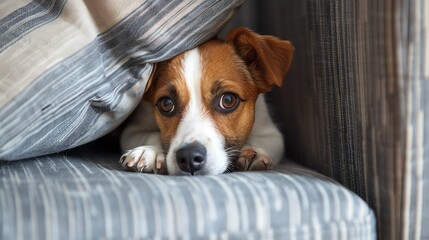 Obraz premium A small dog peeks out from behind a cushion, looking curious and playful.