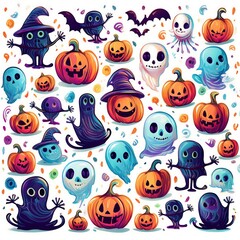 Obraz premium Playful Halloween Characters Pattern - pattern with Halloween characters an elements - ghost, witch, pumpkin. Graphic art illustration background
