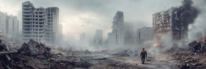 A soldier walks through the wreckage of destroyed buildings in a bleak urban environment, illustrating the impact of war. Generative AI