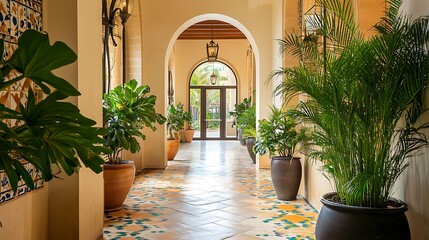 Arched Hallway with Tropical Plants and Terracotta Pots