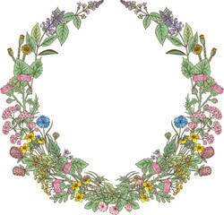 Naklejka premium Herb wreath drawing. Colorful flowers round frame