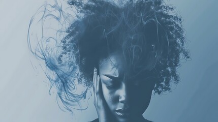 Fototapeta premium A contemplative figure with curly hair, expressing emotion through a blue-toned haze.
