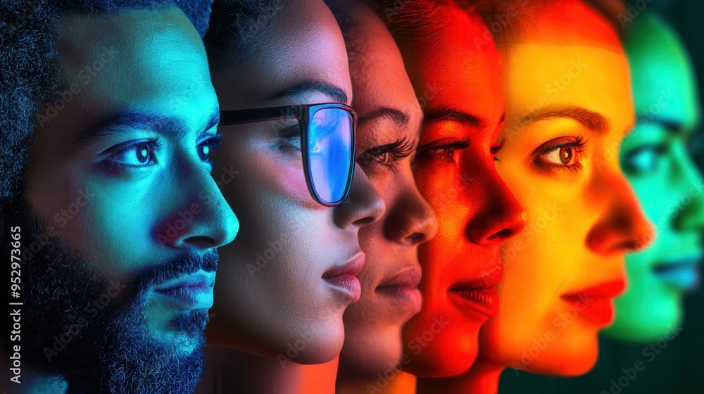 Aufkleber faces of diverse individuals display the themes of division and bias, highlighted by vivid colors an