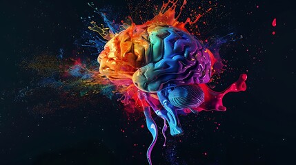 Obraz premium A vibrant, artistic representation of a brain with colorful splashes, symbolizing creativity and thought.