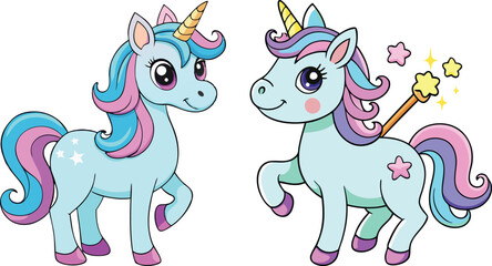 Cute cartoon character happy magic unicorn on white .