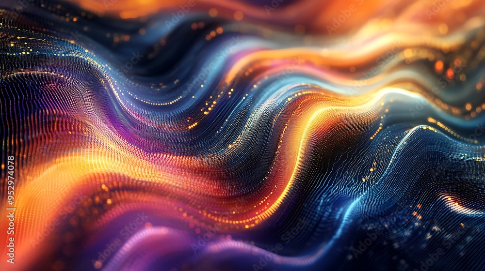 Aufkleber abstract wavy surface with glowing particles and bokeh effects