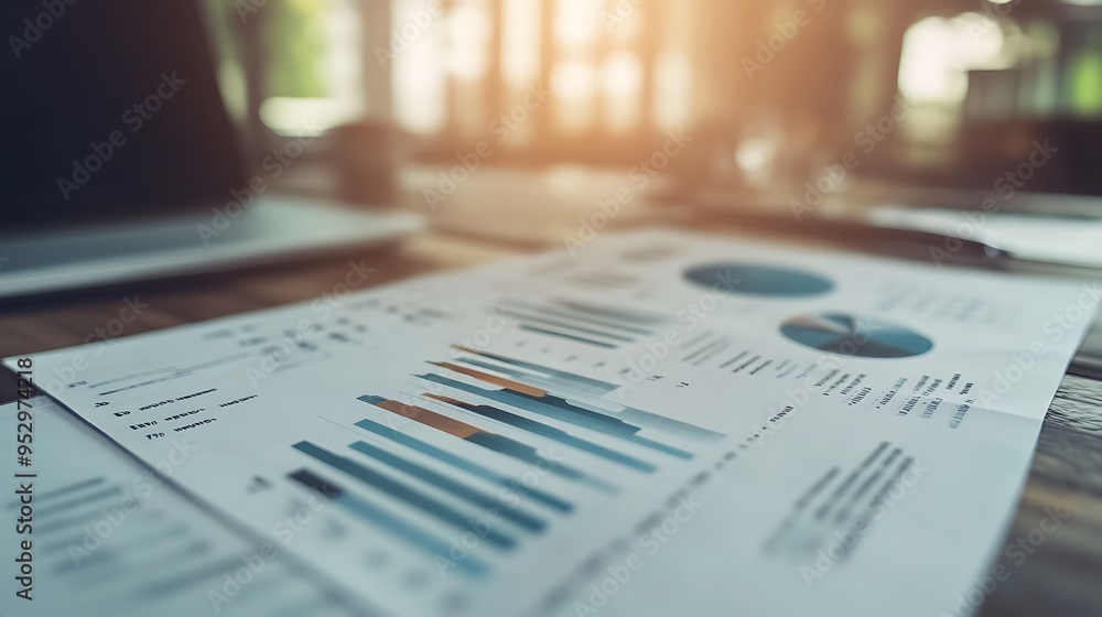 Poster close-up of a financial report with charts and graphs