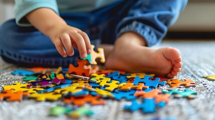 A child assembling colorful jigsaw puzzle pieces on a cozy floor.